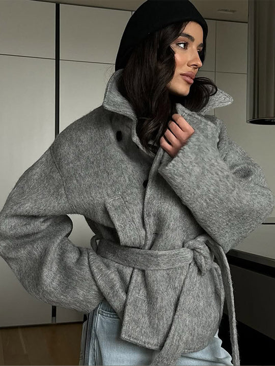 Damen elegante Oversized-Wolljacke mit Gürtel R&B