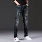 Herren Slim Fit Jeans mit kreativen Rissdesign und Farbklecksen R&B