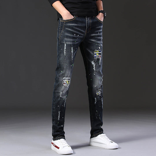 Herren Slim Fit Jeans mit kreativen Rissdesign und Farbklecksen R&B