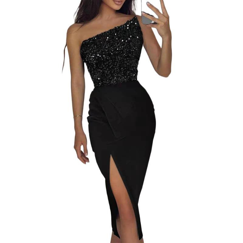 Damen Glamouröses Abendkleid mit asymmetrischem Ausschnitt und schimmerndem Oberteil R&B
