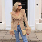 Damen Strickjacke mit luxuriösem Pelzkragen und modischen Puffärmeln R&B