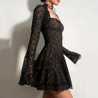 Damen Spitzenkleid mit kurzem Stehkragen und langen Ärmeln R&B
