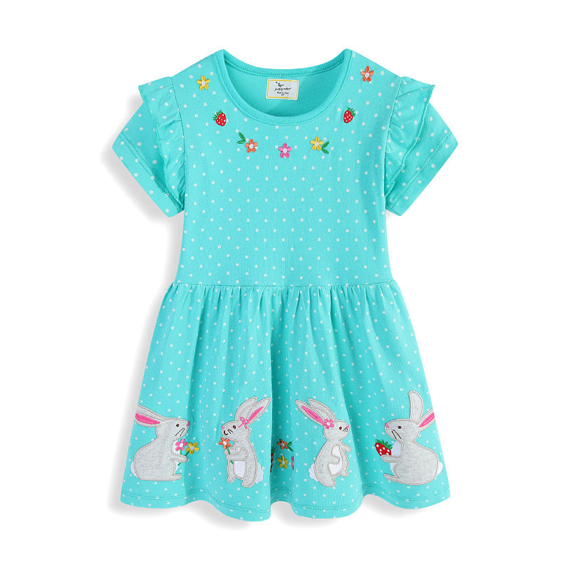 Mädchen Kurzarm Kleid mit verspieltem Hasen- und Blumenmotiv R&B
