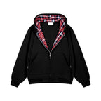 Damen lässige Kapuzenjacke mit Karo-Innenfutter und durchgehendem Reißverschluss R&B