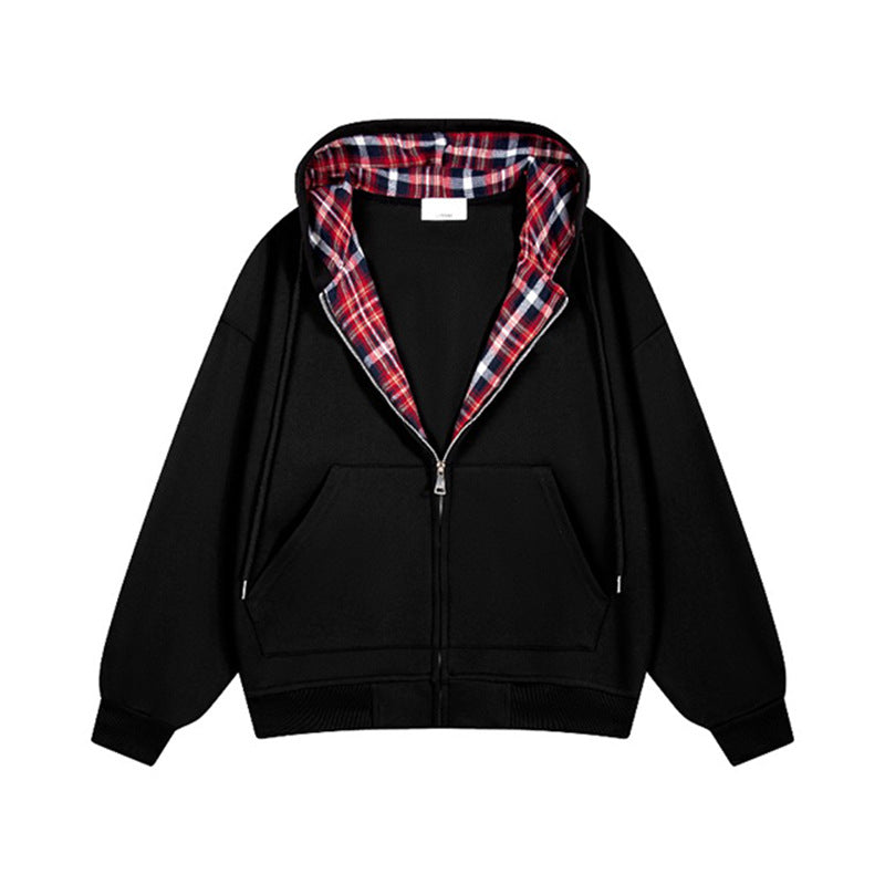 Damen lässige Kapuzenjacke mit Karo-Innenfutter und durchgehendem Reißverschluss R&B