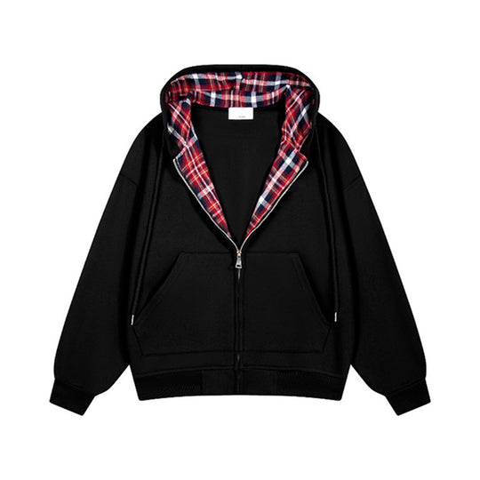 Damen lässige Kapuzenjacke mit Karo-Innenfutter und durchgehendem Reißverschluss R&B