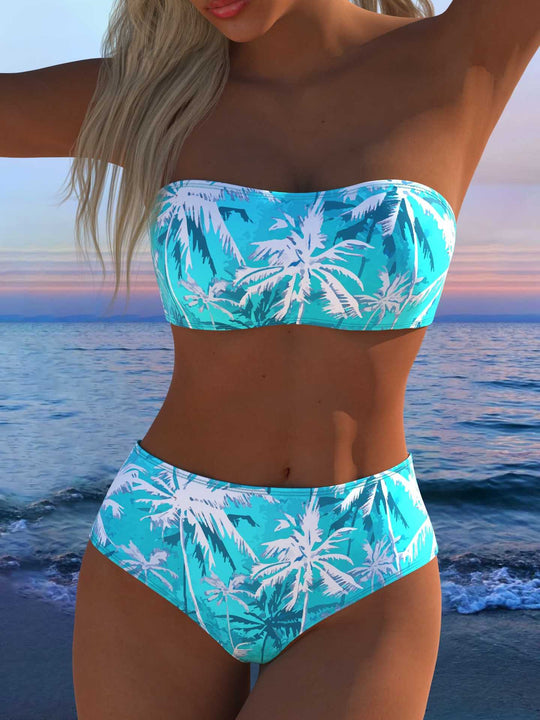 Damen Bandeau Bikini-Set mit tierischem Muster und hohem Taillenbund R&B