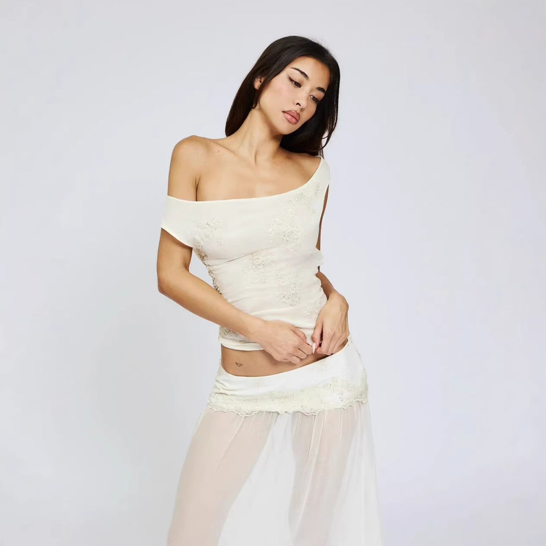 Damen durchsichtiger Spitzenrock mit elastischem Bund und floralem Detail R&B
