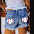 Damen Denim Shorts mit herzförmigen BasR&Ball-Prints R&B