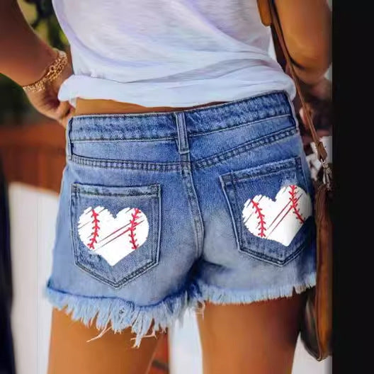 Damen Denim Shorts mit herzförmigen BasR&Ball-Prints R&B