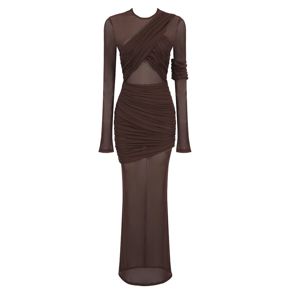 Damen Elegantes langarm Maxikleid mit raffinierten Drapierungsdetails und figurbetontem Schnitt R&B