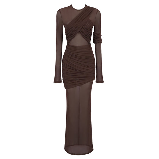 Damen Elegantes langarm Maxikleid mit raffinierten Drapierungsdetails und figurbetontem Schnitt R&B