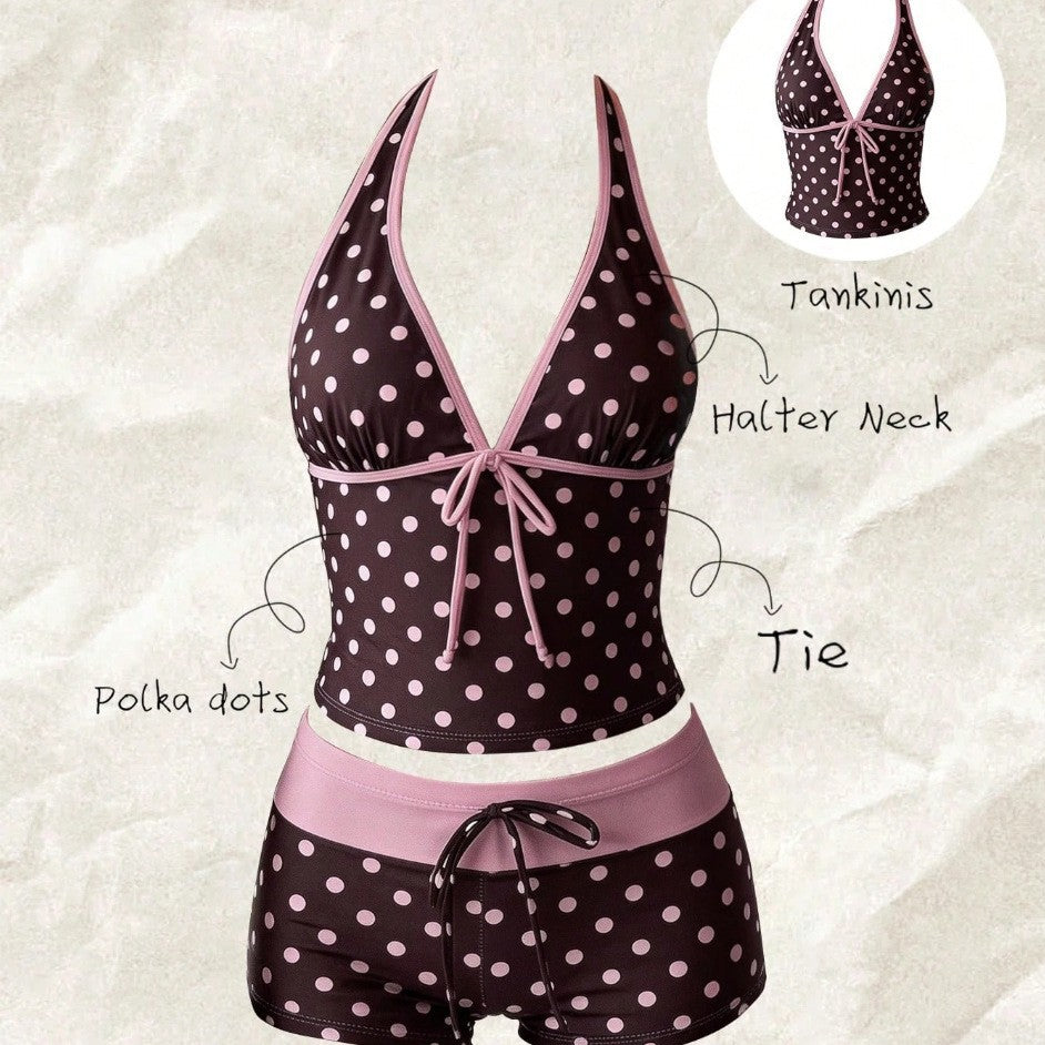 Damen Tankini mit modischem Punktmuster und verstellbarem Halter R&B