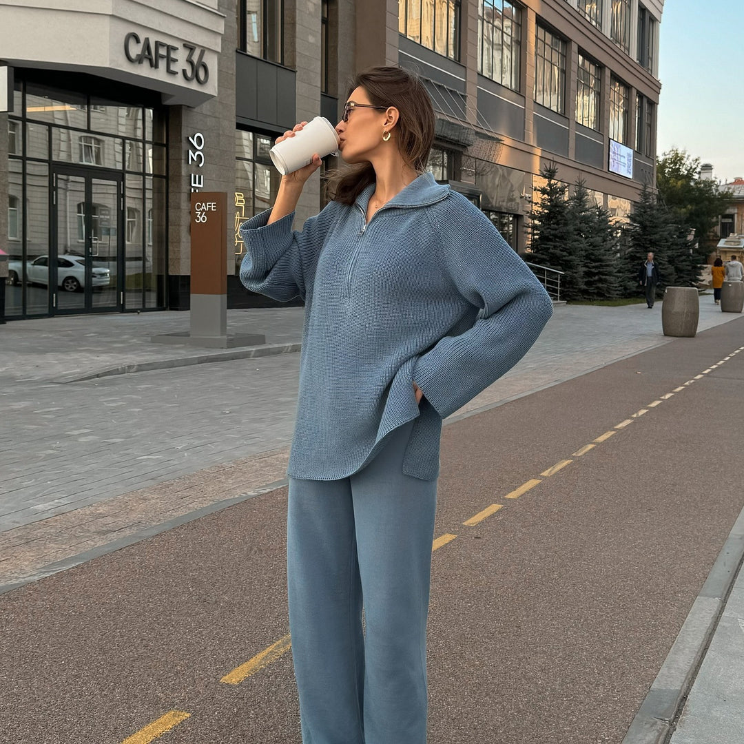 Damen lässiger Pullover mit halbem Reißverschluss und weitem Schnitt R&B