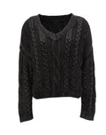 Damen Grob gestrickter Pullover mit V-Ausschnitt und voluminösen Ärmeln