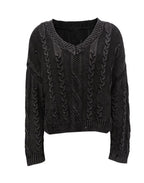 Damen Grob gestrickter Pullover mit V-Ausschnitt und voluminösen Ärmeln