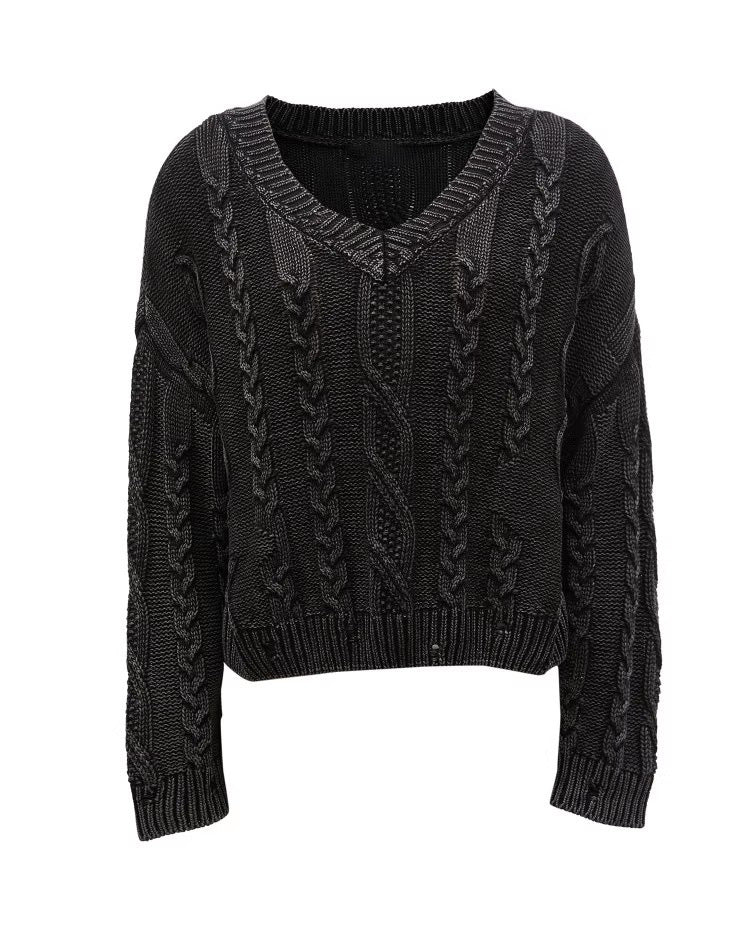 Damen Grob gestrickter Pullover mit V-Ausschnitt und voluminösen Ärmeln