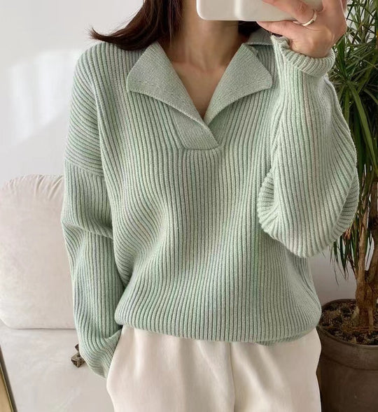 Damen lässiger Feinstrickpullover mit weichem Kragen und Rippstruktur R&B