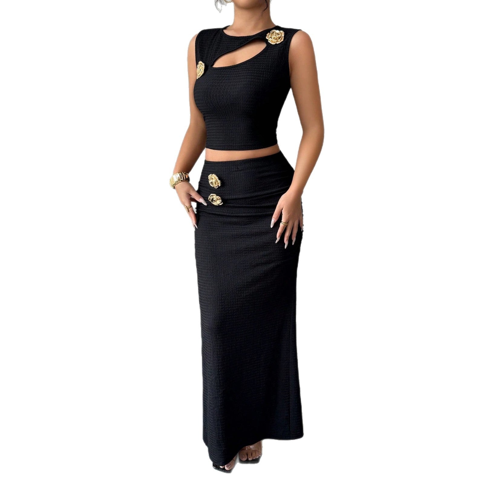 Damen nan zweiteiliges tailliertes Set mit asymmetrischem Cut-Out Crop-Top und figurbetontem Maxi-Bleistiftrock R&B