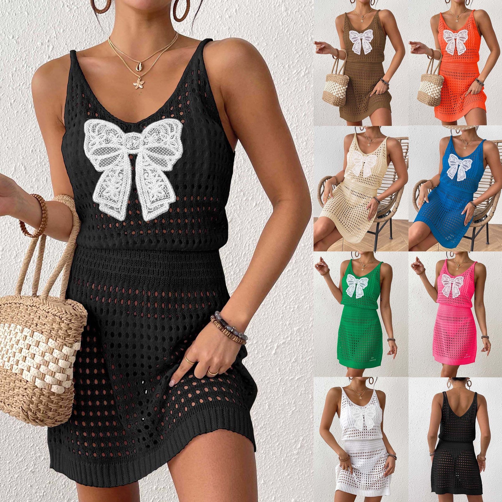 Damen Netz-Strandkleid mit großer Schleifen-Applikation R&B