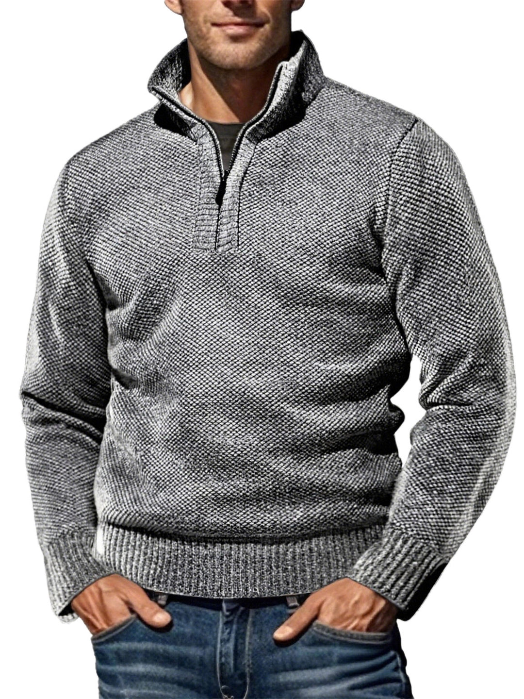 Herren nan grobgestrickter Strickpullover mit halbem Reißverschluss und hohem Stehkragen R&B