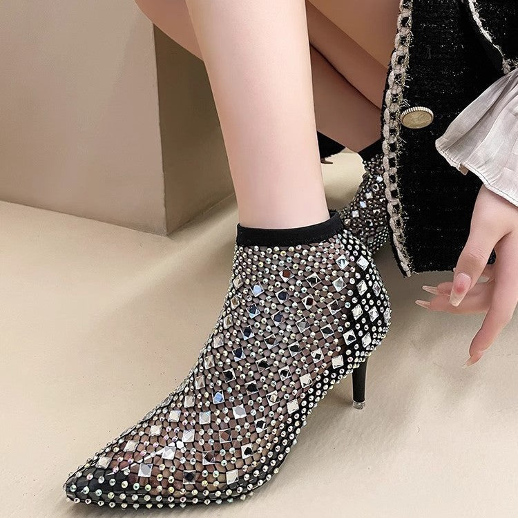 Damen elegante Netz-Stiefeletten mit funkelnden Strassverzierungen R&B