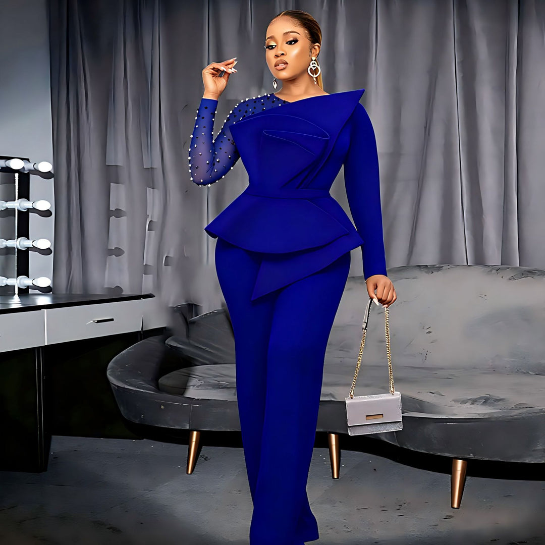 Damen eleganter Jumpsuit mit asymmetrischem Oberteil und raffiniertem Rüschendesign R&B