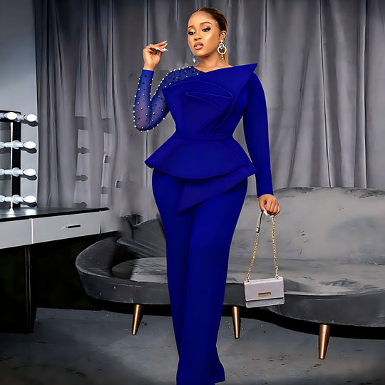 Damen eleganter Jumpsuit mit asymmetrischem Oberteil und raffiniertem Rüschendesign R&B