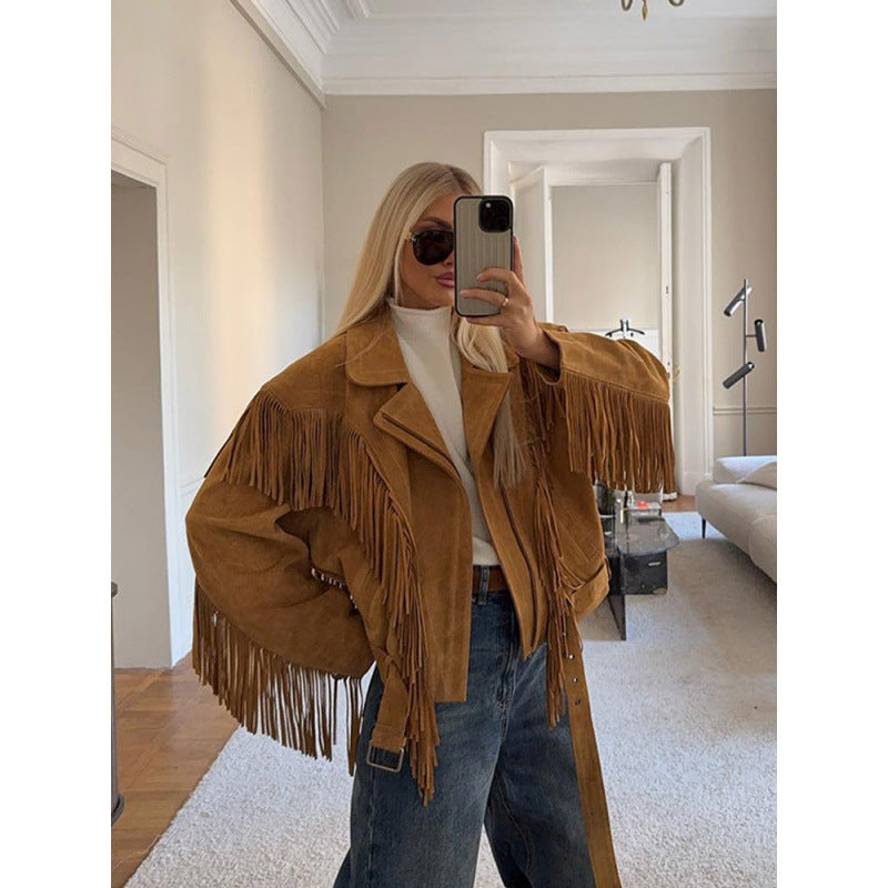 Damen Wildlederjacke mit Fransen und großzügigen Ärmeln R&B