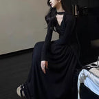 Damen elegantes Maxi-Kleid mit raffiniertem V-Ausschnitt und langen Ärmeln