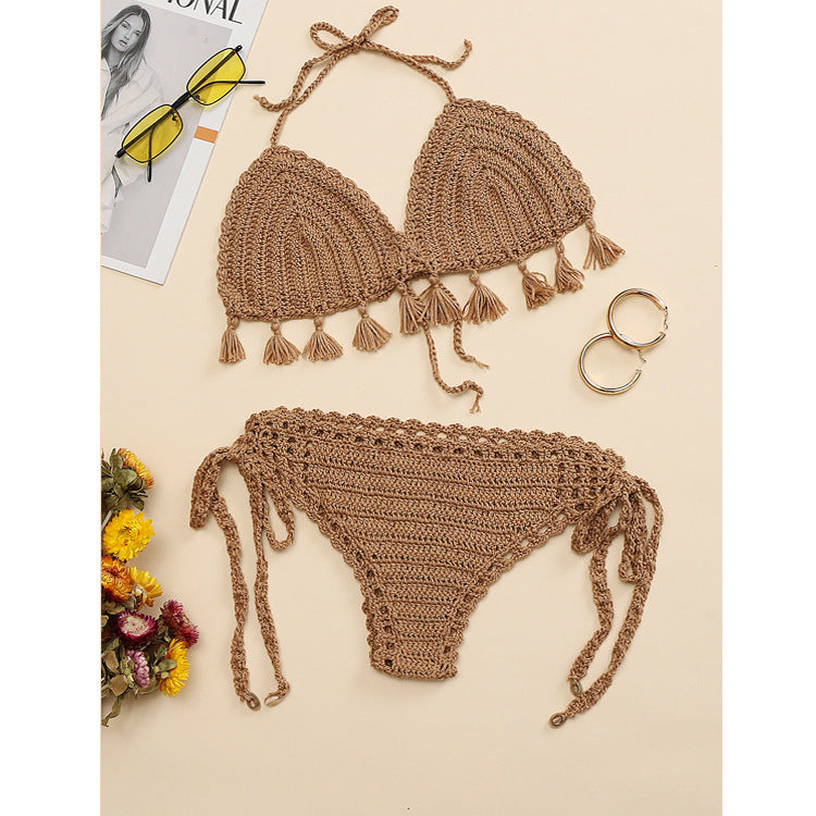 Damen Häkel-Bikini-Set mit fransigen Akzenten und verstellbaren Trägern R&B