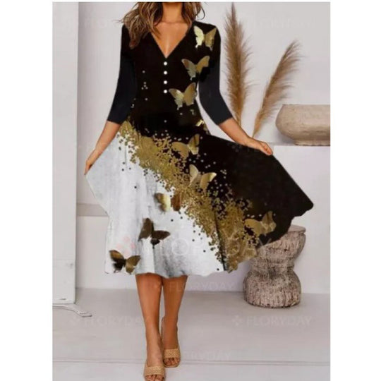Damen V-Ausschnitt Midi-Kleid mit fließendem Rock und floralem Ärmeldesign R&B