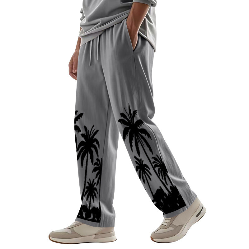Herren nan weite Freizeit-Hose aus Baumwoll-Leinen-Mix mit Palmenprint, Elastikbund und Kordelzug R&B
