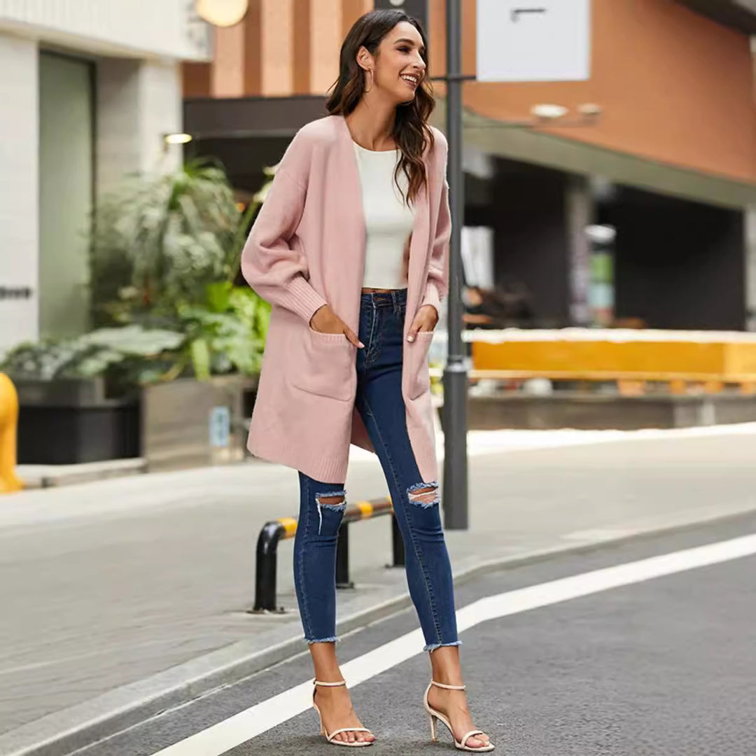 Damen Grobstrick-Kimono-Cardigan mit offenen Ärmeln und praktischen Taschen R&B