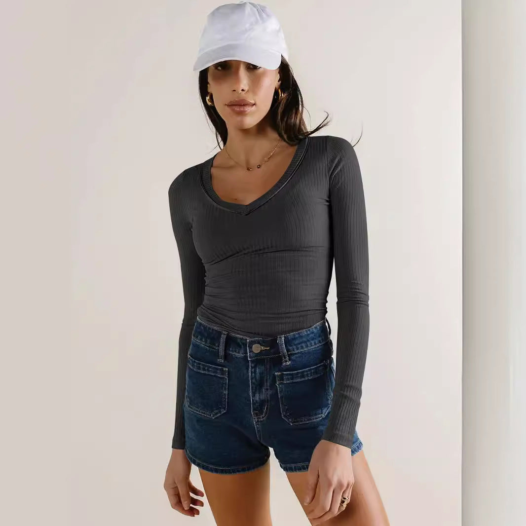 Damen Langarmshirt mit V-Ausschnitt und Rippstruktur R&B