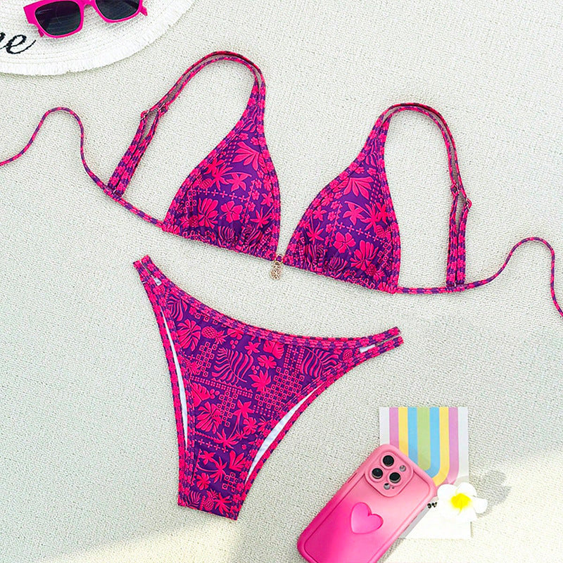 Damen Triangel-Bikini mit floralem Muster und feinen Akzenten R&B