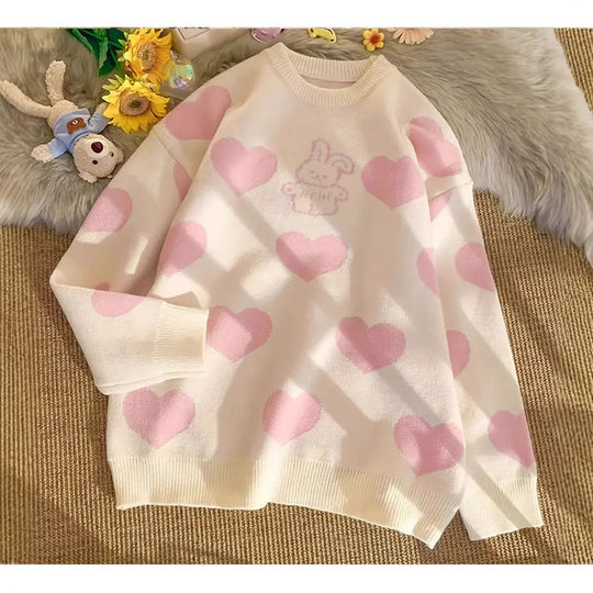 Damen Gemütlicher Pullover mit Herz-Design und verspielten Hasenmotiven R&B
