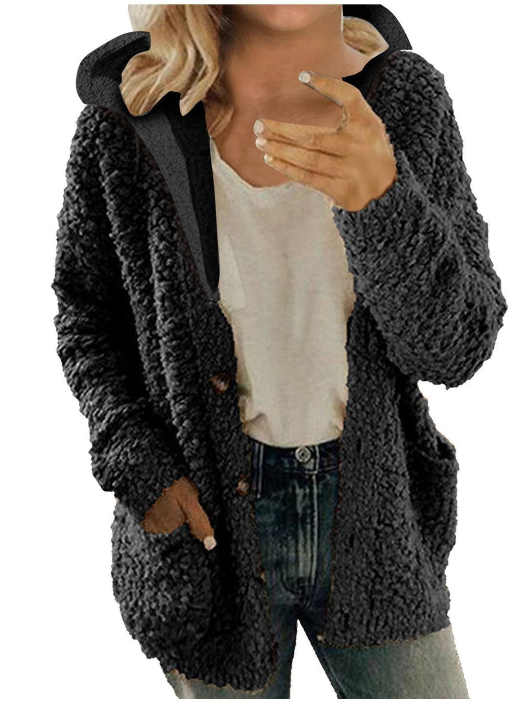 Damen kuschelige Fleecejacke mit Kapuze und praktischen Taschen R&B