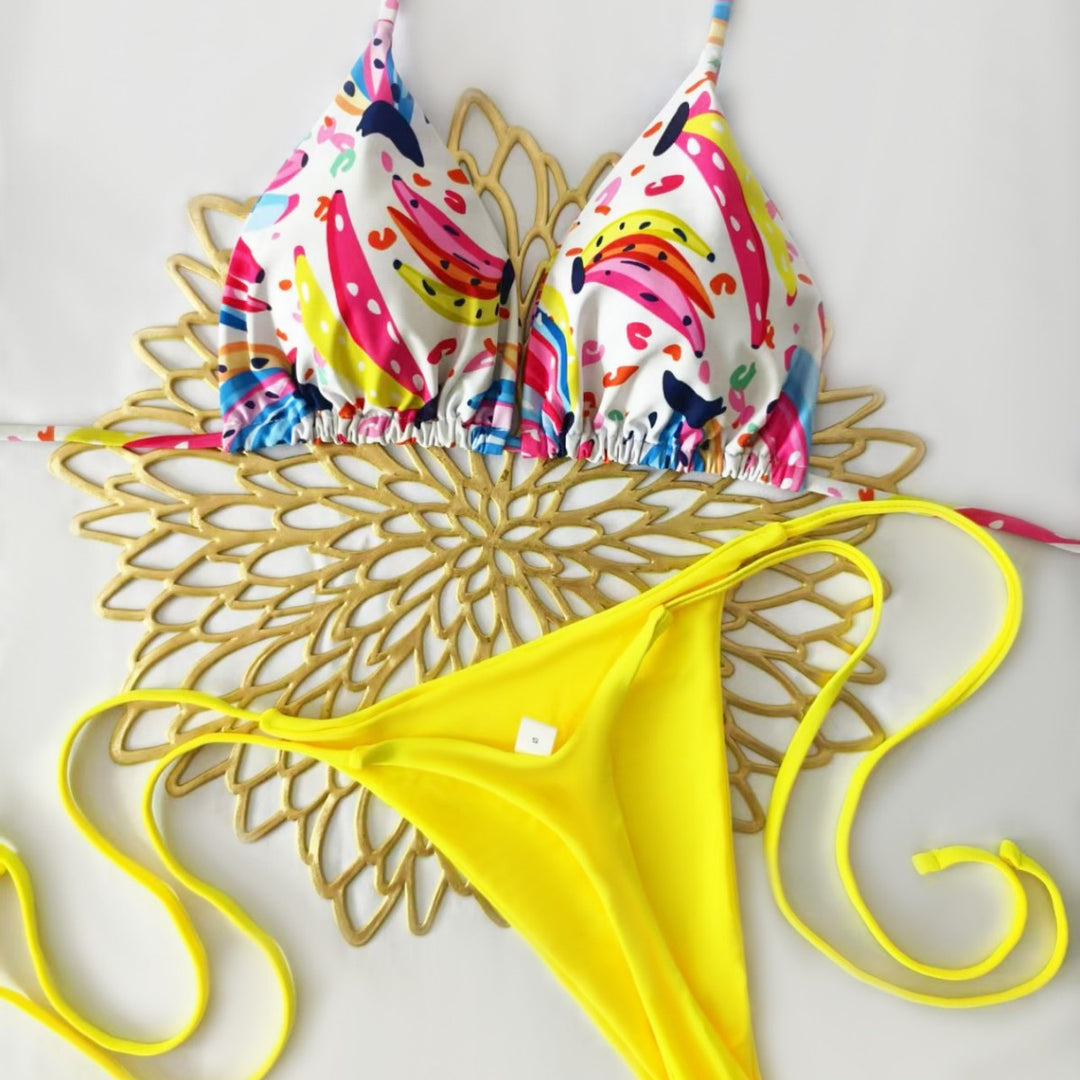 Damen Bikini-Set mit buntem Obstmuster und seitlichem Knoten R&B