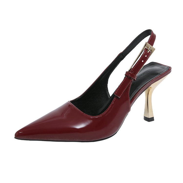 Damen elegante Slingback-Pumps mit spitzem Zehenbereich und glanzvollem Blockabsatz R&B