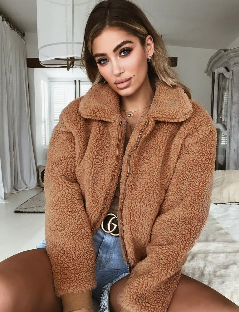 Damen Teddy-Fleecejacke mit Reißverschluss und klassischem Kragen R&B