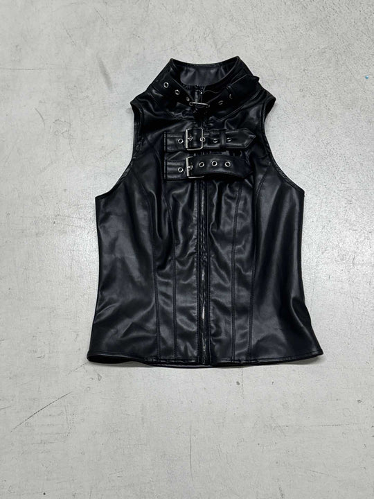 Damen Kunstleder-Crop-Top mit dekorativen Schnallen und hochgeschlossenem Kragen R&B