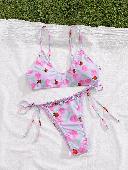 Damen Triangel-Bikini mit buntem Blütenmotiv und verstellbaren Bindebändern R&B