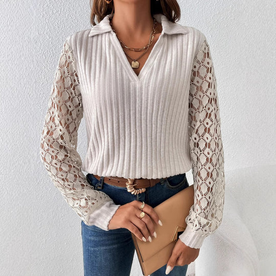 Damen Bluse mit aufwendigen Spitzenärmeln und eleganter Struktur Heidi-Mode