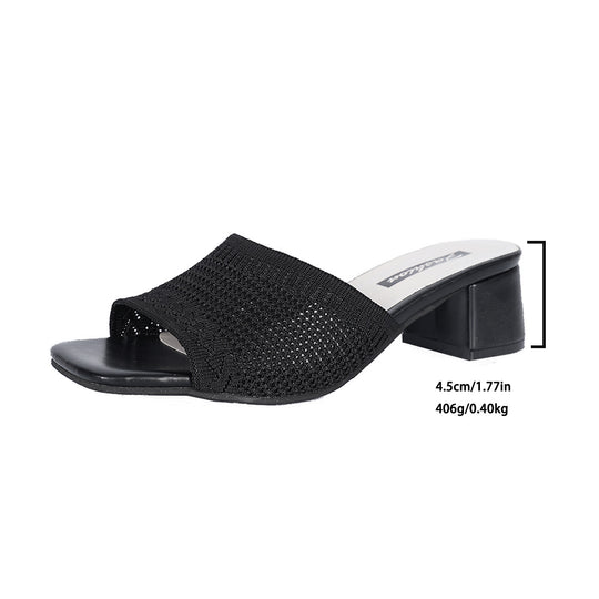 Damen nan luftige Strick-Slipper mit quadratischer Zehenform gepolstertem Komfortfußbett und mittelhohem Blockabsatz R&B