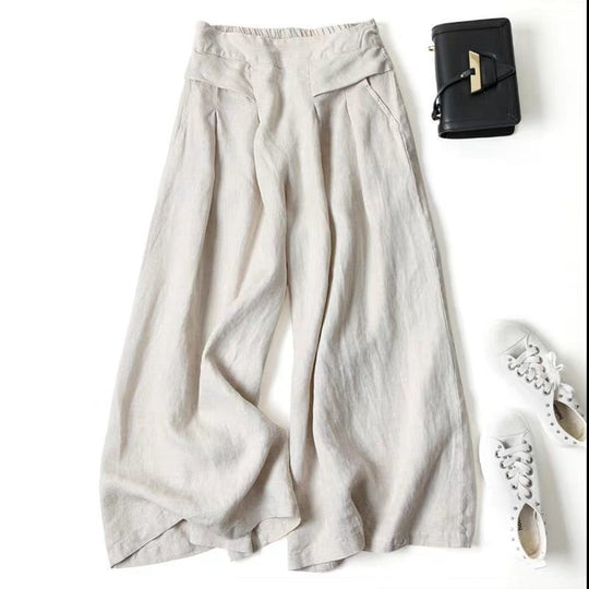 Damen Weit geschnittene Leinenhose mit hohem Bund und eleganten Falten R&B