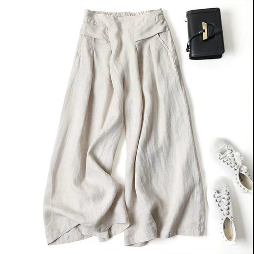 Damen Weit geschnittene Leinenhose mit hohem Bund und eleganten Falten R&B
