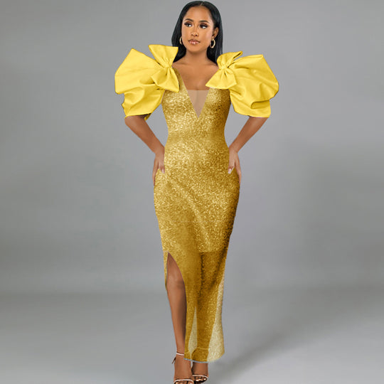 Damen Figurbetontes Glamour-Kleid mit schimmerndem Stoff und voluminösen Ärmeln R&B