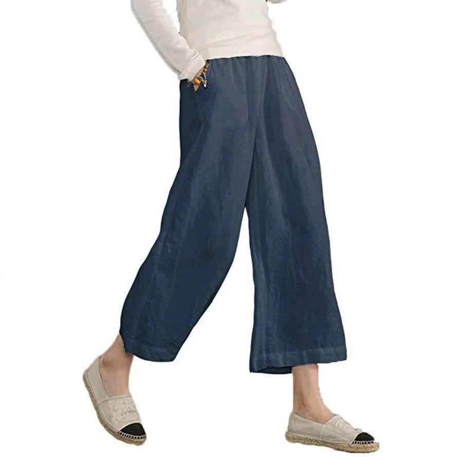 Damen weite Leinenhose mit seitlichen Taschen und elastischem Bund R&B