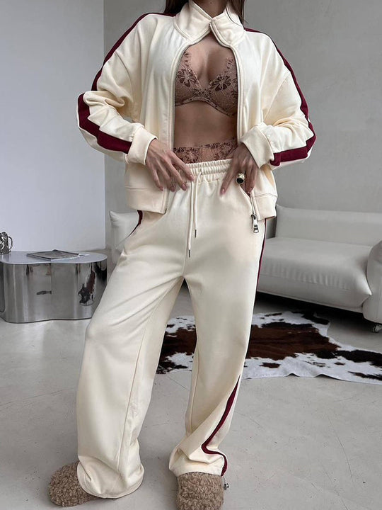 Damen sportliches Fleece-Set mit Stehkragen und seitlichen Kontraststreifen R&B